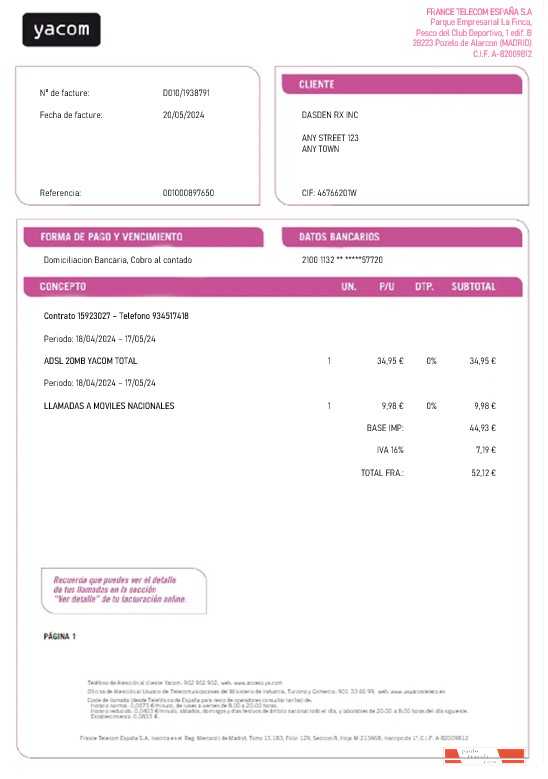 Spain Yacom business utility bill Word and PDF template PSD template